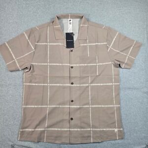 Fabletics Mens Large Tan Grid Print SS NWT Camp Collar Button Down Shirt